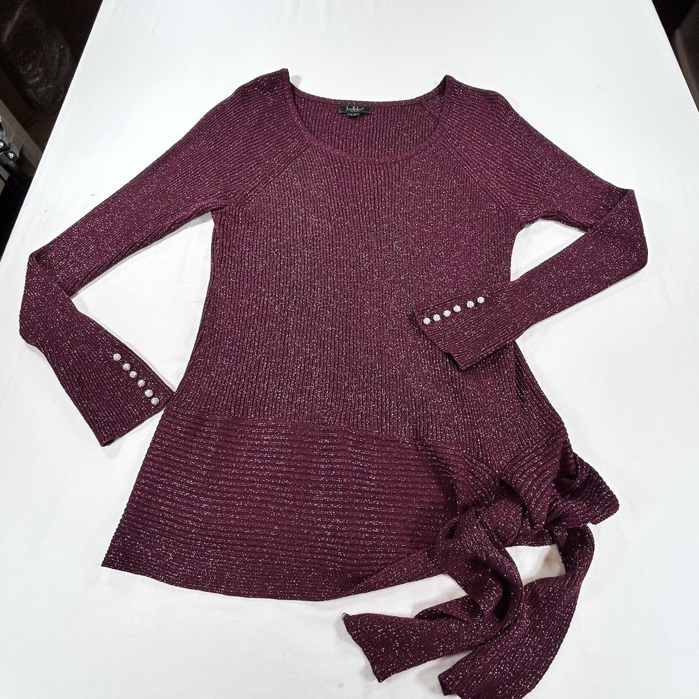 Belldini Ribbed Knit Tunic Sweater Women's L Burgundy Silver Pearl Embellished
